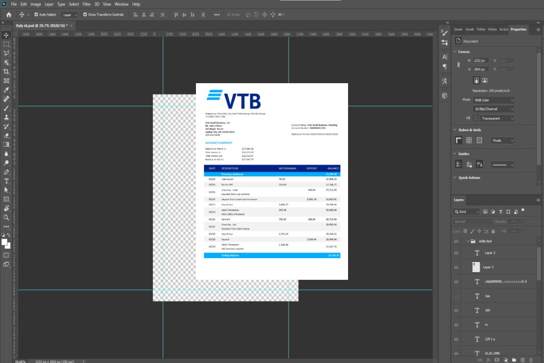 Modèle Word et PDF de relevé de compte ferme de VTB Bank template